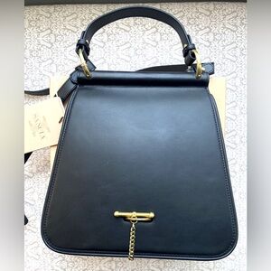 Sancia Laurel Satchel Black Leather Crossbody Shoulder Bag Gold Chain Brand New!